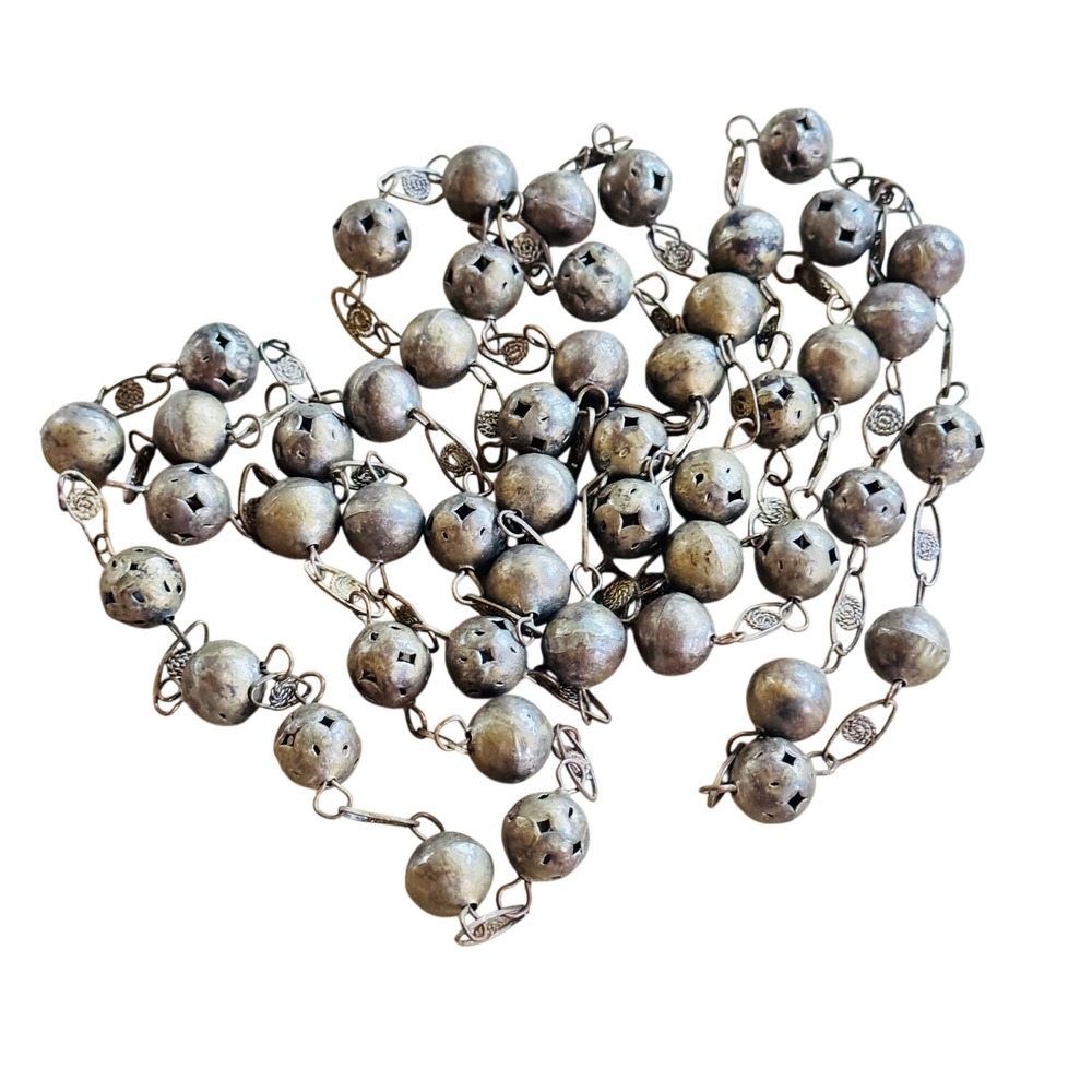 Vtg Folk Art Mexican Wedding Beaded Link Traditional Silver Plate Laso Chain 82"